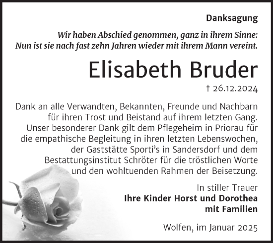 Traueranzeige von Elisabeth Bruder von Trauerkombi Bitterfeld
