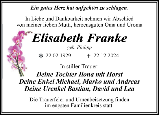 Traueranzeige von Elisabeth Franke von Trauerkombi Aschersleben