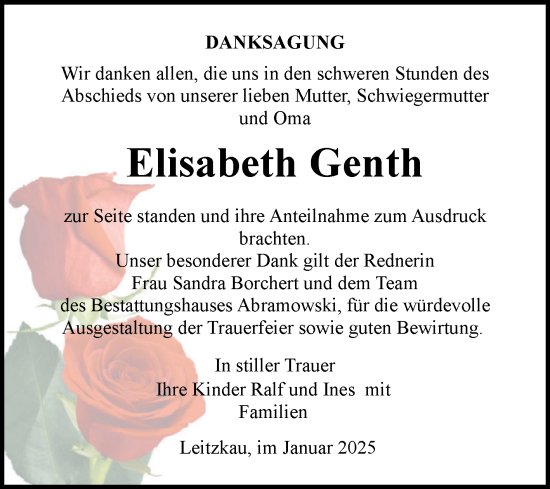 Traueranzeige von Elisabeth Genth von Volksstimme Zerbst