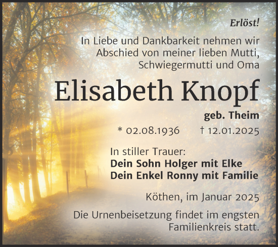 Traueranzeige von Elisabeth Knopf von Trauerkombi Köthen