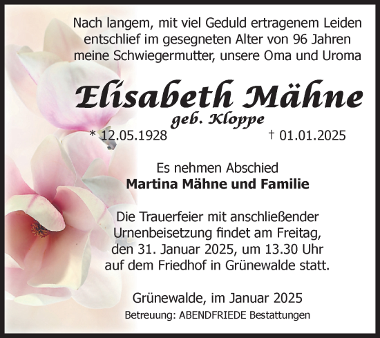 Traueranzeige von Elisabeth Mähne von Volksstimme Schönebeck