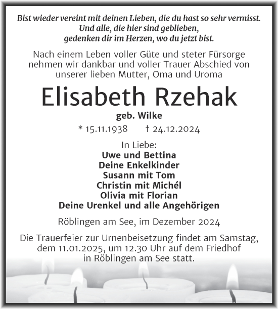 Traueranzeige von Elisabeth Rzehak von Trauerkombi Mansfelder Land