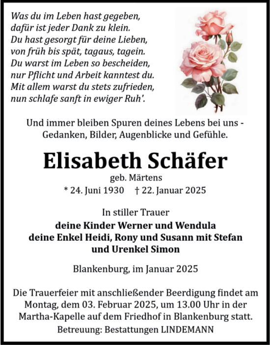 Traueranzeige von Elisabeth Schäfer von Volksstimme Wernigerode