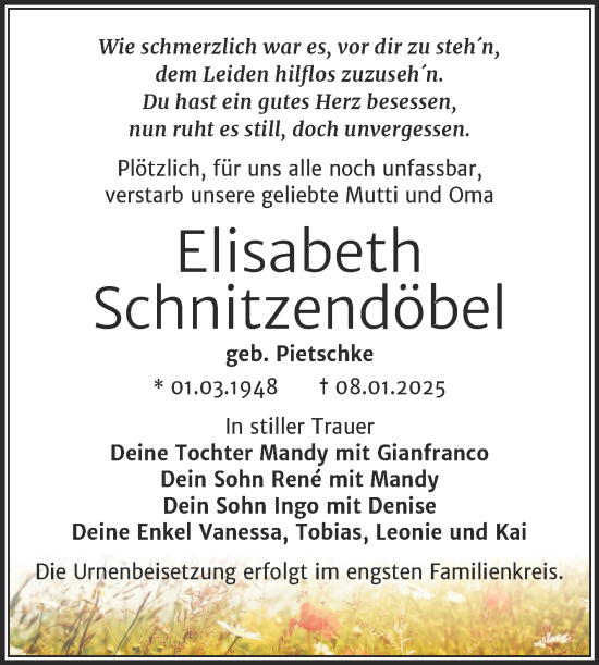 Traueranzeige von Elisabeth Schnitzendöbel von Trauerkombi Wittenberg