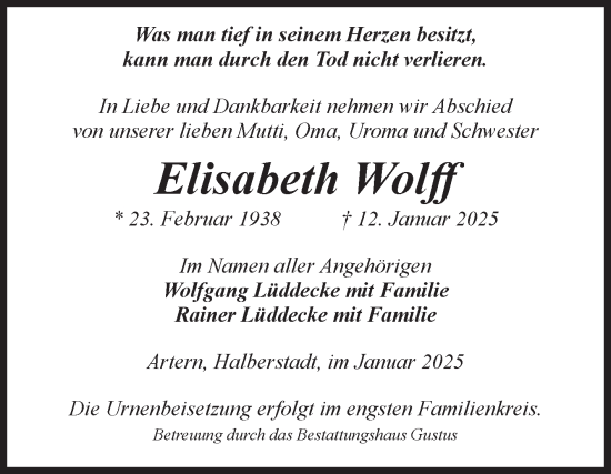 Traueranzeige von Elisabeth Wolff von Volksstimme Halberstadt