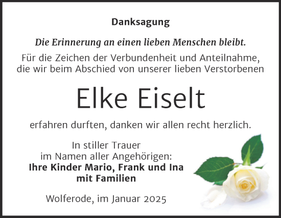 Traueranzeige von Elke Eiselt von Trauerkombi Mansfelder Land