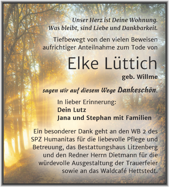 Traueranzeige von Elke Lüttich von Trauerkombi Mansfelder Land
