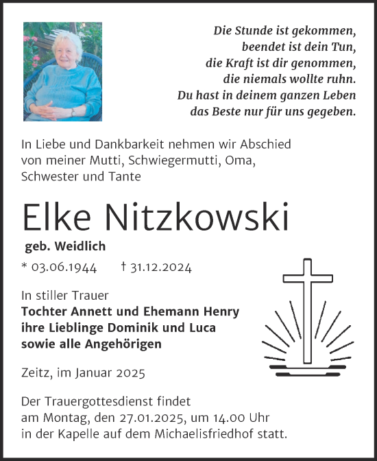 Traueranzeige von Elke Nitzkowski von Trauerkombi Zeitz
