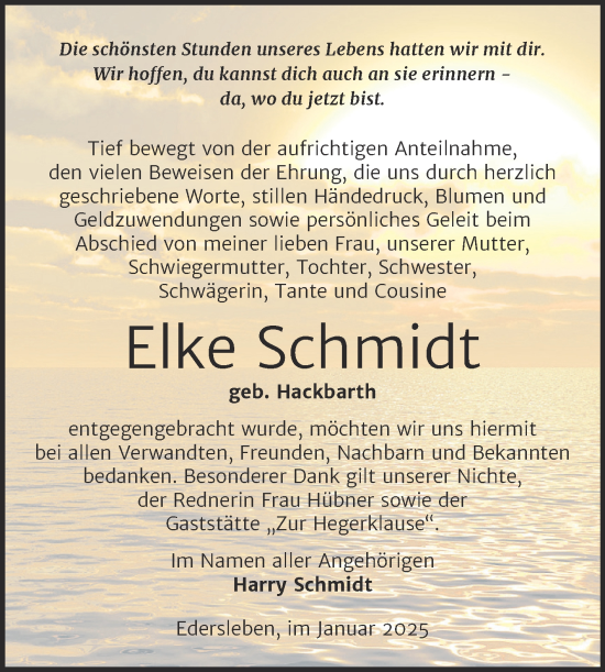 Traueranzeige von Elke Schmidt von Trauerkombi Sangerhausen