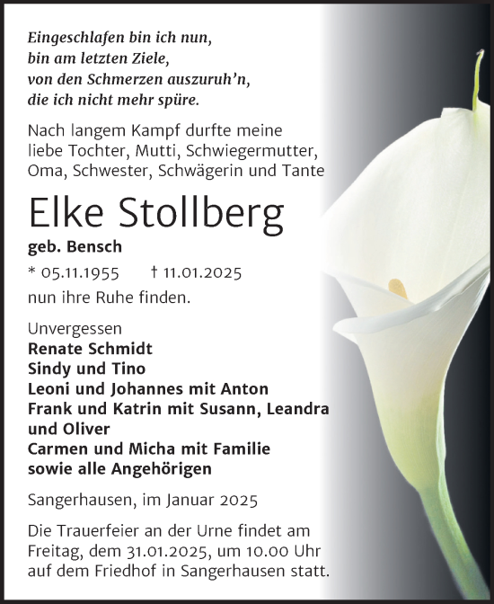 Traueranzeige von Elke Stollberg von Trauerkombi Sangerhausen