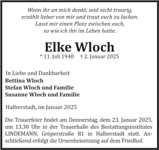 Traueranzeige von Elke Wloch von Volksstimme Halberstadt