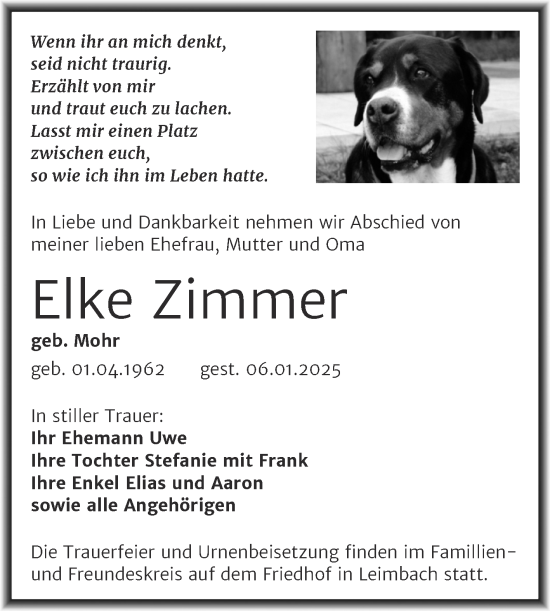 Traueranzeige von Elke Zimmer von Trauerkombi Mansfelder Land