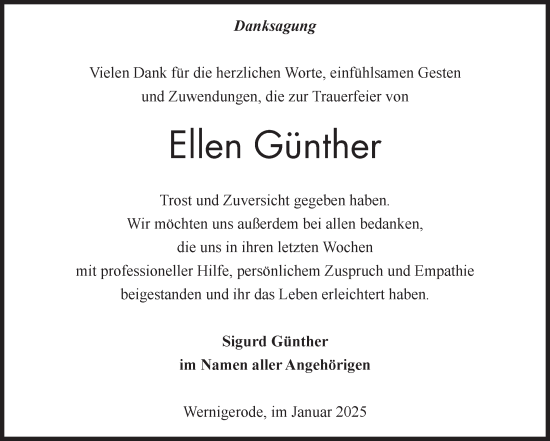 Traueranzeige von Ellen Günther von Volksstimme Wernigerode
