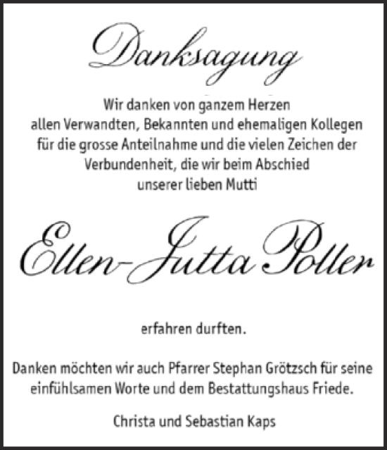 Traueranzeige von Ellen-Jutta Poller von Trauerkombi Dessau