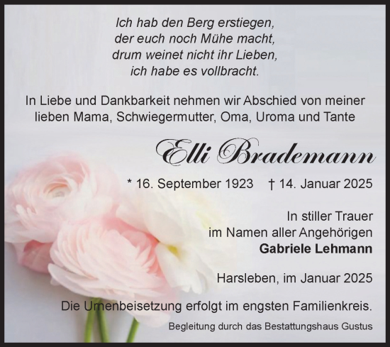 Traueranzeige von Elli Brademann von Volksstimme Halberstadt