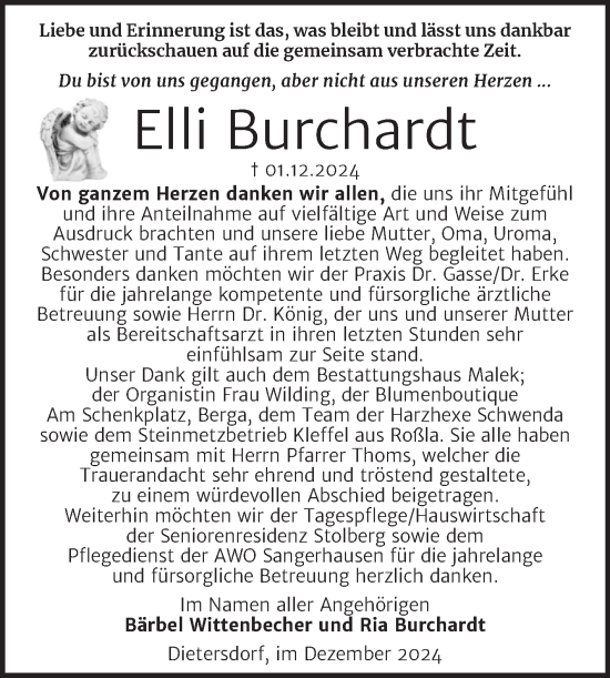 Traueranzeige von Elli Burchardt von Trauerkombi Sangerhausen