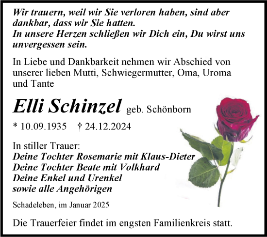 Traueranzeige von Elli Schinzel von Trauerkombi Aschersleben
