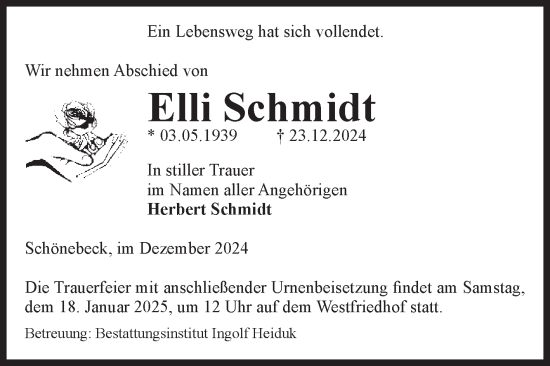 Traueranzeige von Elli Schmidt von Volksstimme Schönebeck