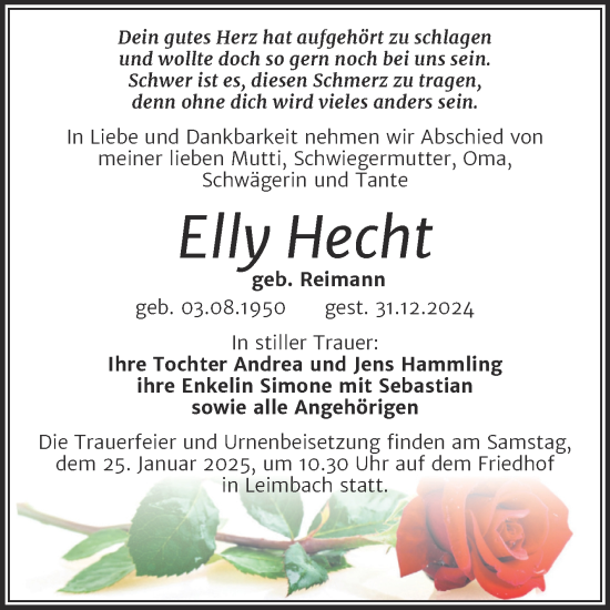 Traueranzeige von Elly Hecht von Trauerkombi Mansfelder Land