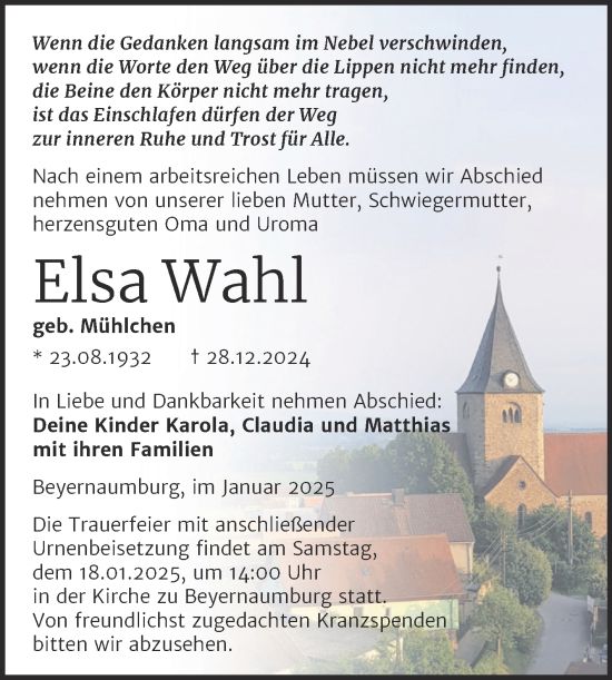 Traueranzeige von Elsa Wahl von Trauerkombi Sangerhausen