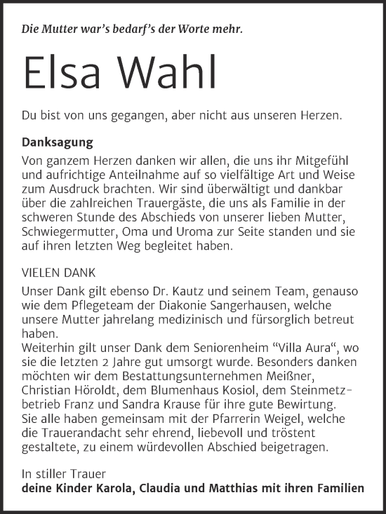 Traueranzeige von Elsa Wahl von Trauerkombi Sangerhausen