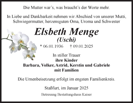 Traueranzeige von Elsbeth Menge 
