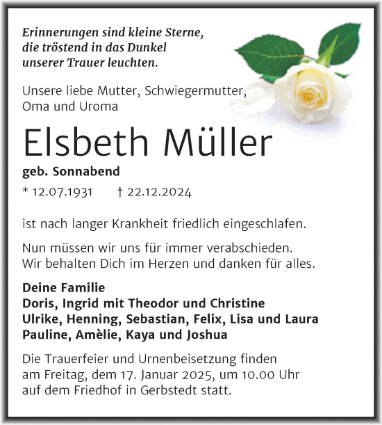 Traueranzeige von Elsbeth Müller von Trauerkombi Mansfelder Land