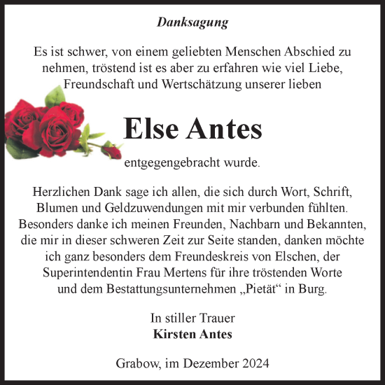 Traueranzeige von Else Antes von Volksstimme Burg/Genthin