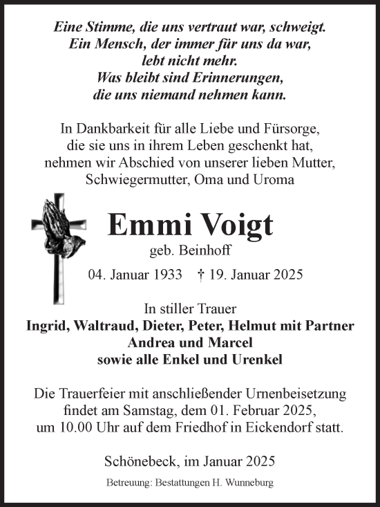 Traueranzeige von Emmi Voigt von Volksstimme Schönebeck