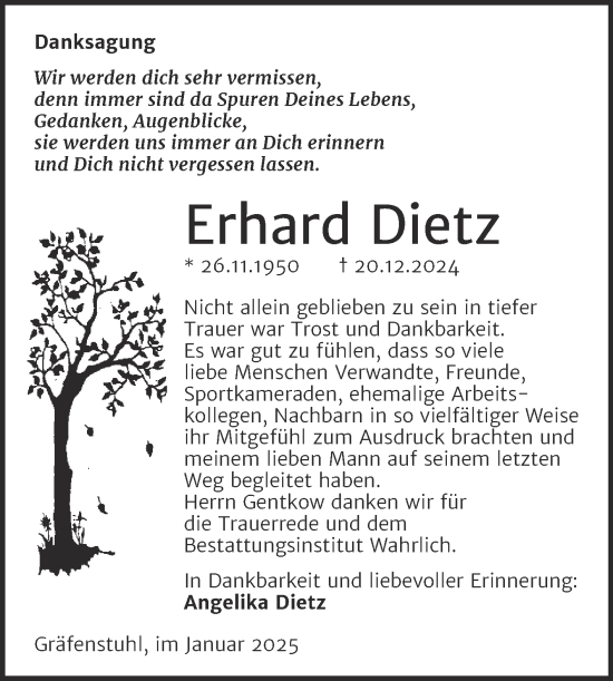 Traueranzeige von Erhard Dietz von Trauerkombi Mansfelder Land