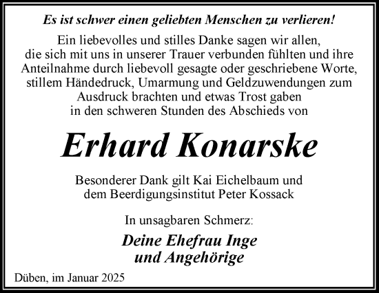 Traueranzeige von Erhard Konarske von Super Sonntag Wittenberg