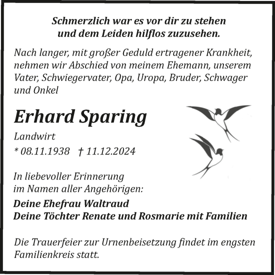 Traueranzeige von Erhard Sparing von Mitteldeutsche Zeitung Halle/Saalkreis