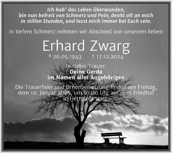Traueranzeige von Erhard Zwarg von Mitteldeutsche Zeitung Merseburg/Querfurt