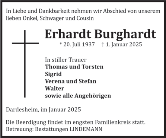 Traueranzeige von Erhardt Burghardt von Volksstimme Halberstadt