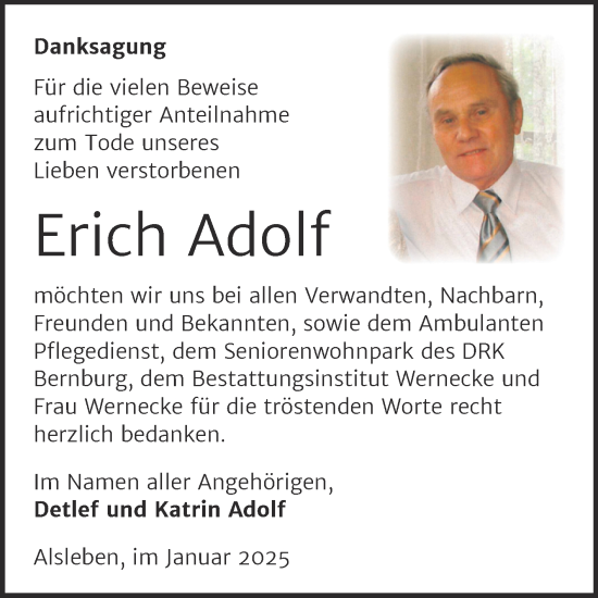 Traueranzeige von Erich Adolf von Trauerkombi Bernburg