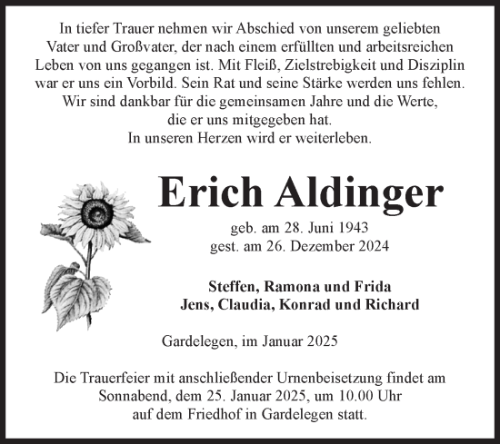 Traueranzeige von Erich Aldinger von Volksstimme Altmark West