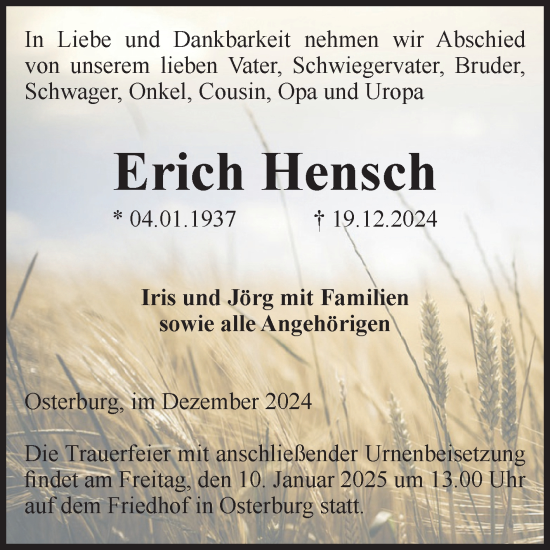 Traueranzeige von Erich Hensch von Volksstimme Altmark Ost
