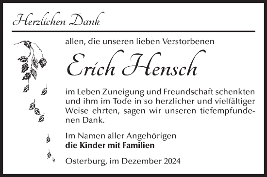 Traueranzeige von Erich Hensch von Volksstimme Altmark Ost