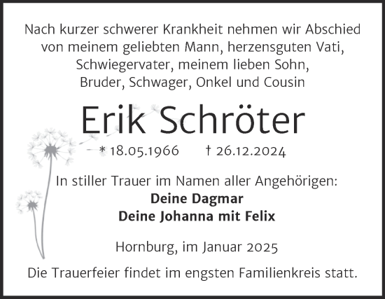 Traueranzeige von Erik Schröter von Trauerkombi Mansfelder Land