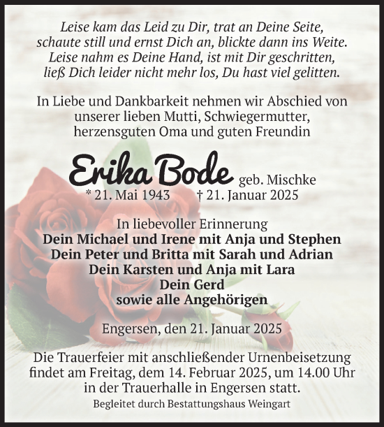 Traueranzeige von Erika Bode von Volksstimme Altmark West