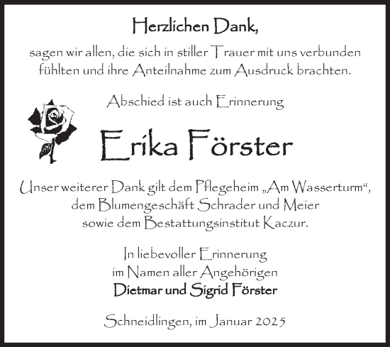 Traueranzeige von Erika Förster von Volksstimme Staßfurt