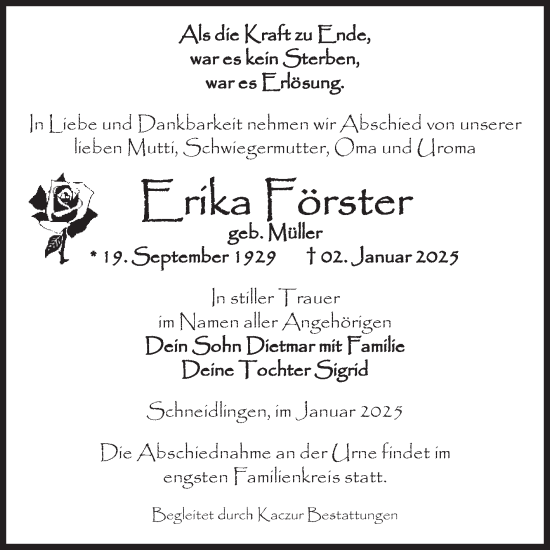 Traueranzeige von Erika Förster von Volksstimme Staßfurt