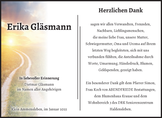Traueranzeige von Erika Gläsmann von Volksstimme Haldensleben/Wolmirstedt