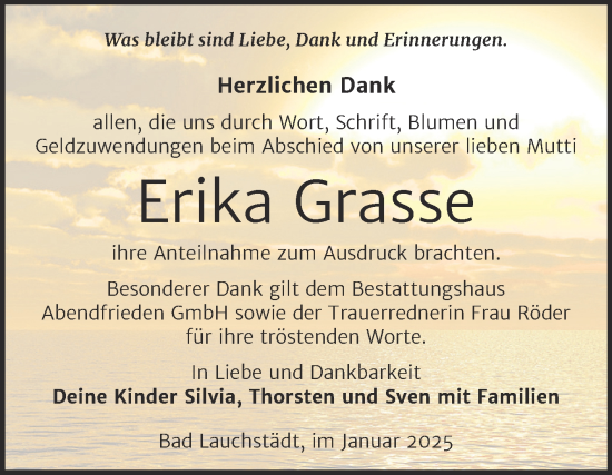 Traueranzeige von Erika Grasse von Trauerkombi Merseburg
