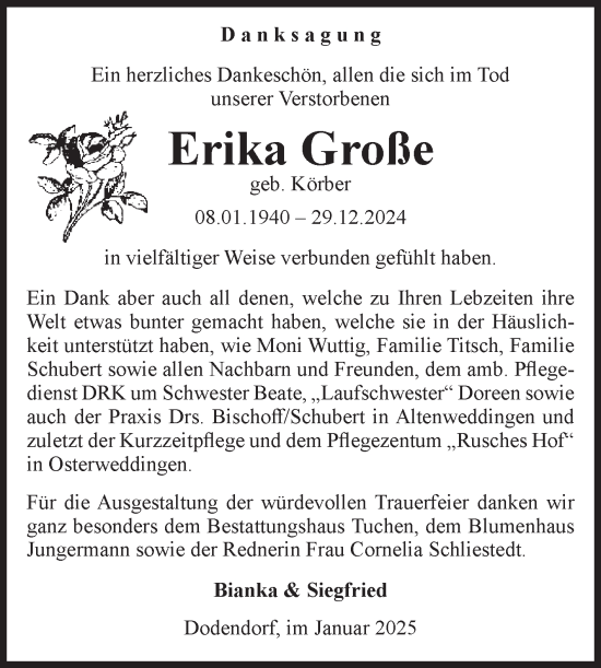Traueranzeige von Erika Große von Volksstimme Oschersleben/Wanzleben