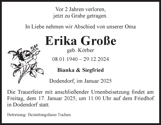 Traueranzeige von Erika Große von Volksstimme Oschersleben/Wanzleben