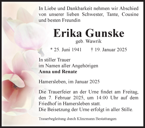 Traueranzeige von Erika Gunske von Volksstimme Oschersleben/Wanzleben