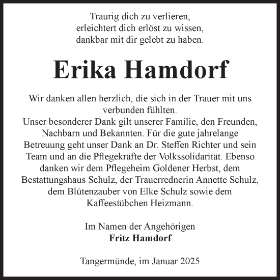 Traueranzeige von Erika Hamdorf von Volksstimme Altmark Ost
