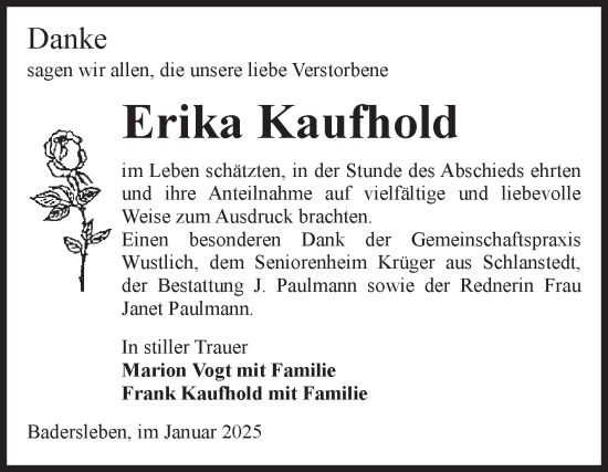 Traueranzeige von Erika Kaufhold von Volksstimme Halberstadt
