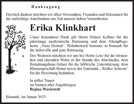 Traueranzeige von Erika Klinkhart von Volksstimme Altmark Ost